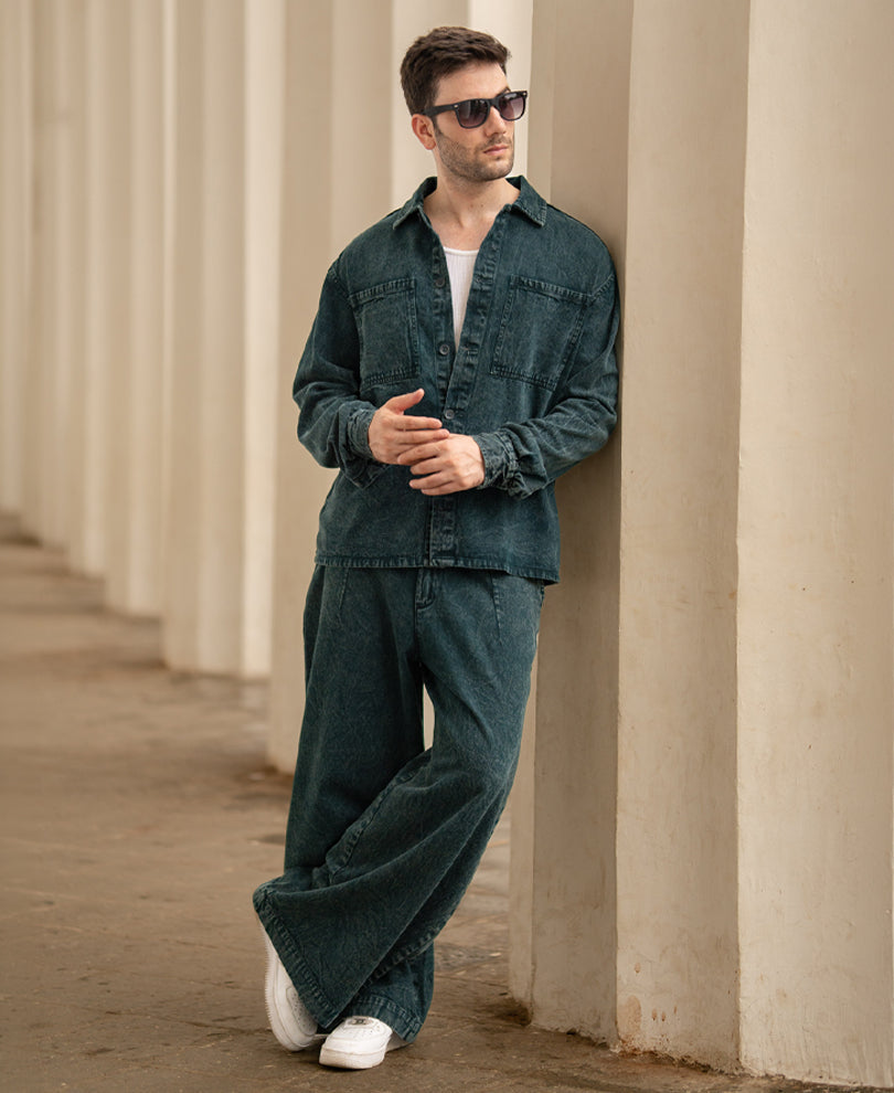 Dark Green Washed Structured Cord Set 100% Cotton