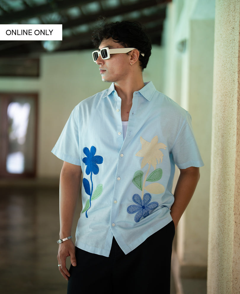 Blue Floral Embroidery Shirt 100% Cotton