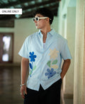 Blue Floral Embroidery Shirt 100% Cotton