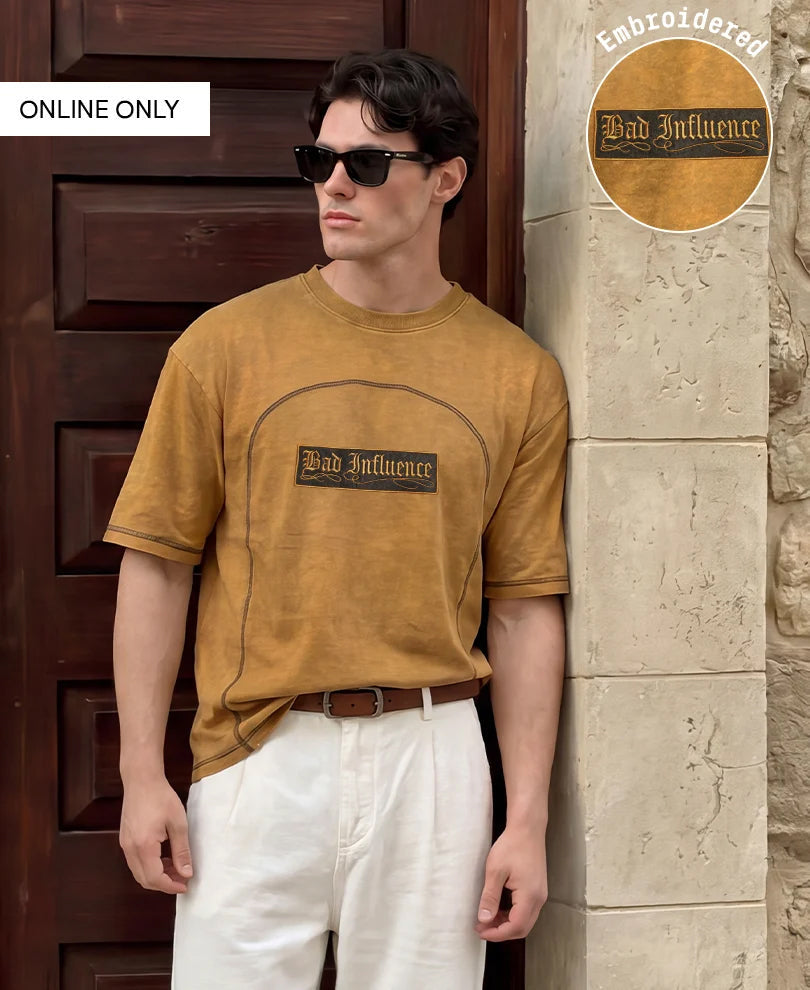 Dark Mustard Panelled Washed T-Shirt 100% Cotton