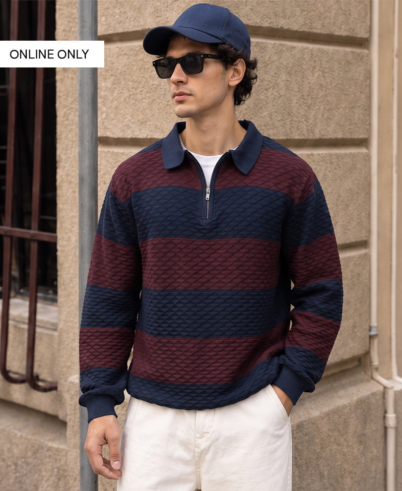 Wine & Navy Knitted Stripe T-Shirt 100% Cotton