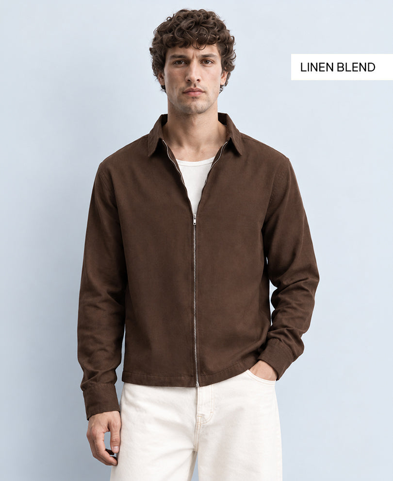 Brown Linen Blend Zipper Shirt