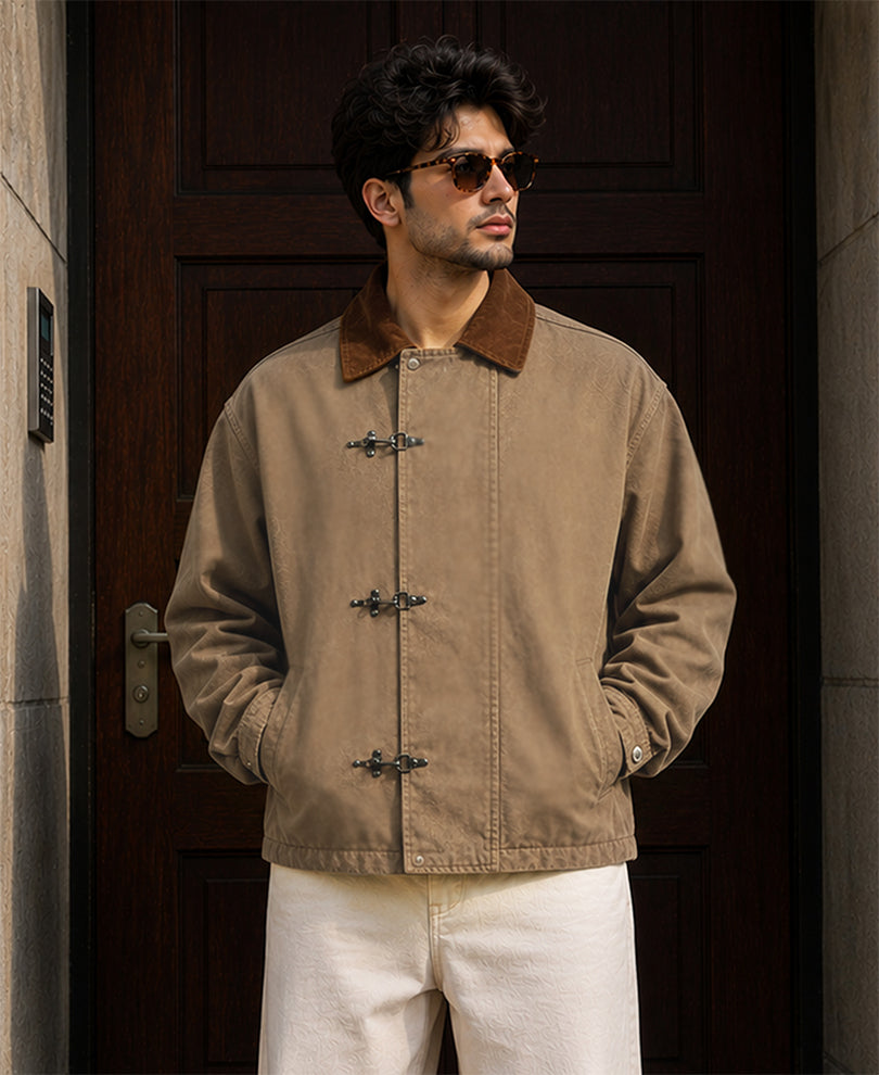 Light Brown Denim Jacket With Fireman Clasps
