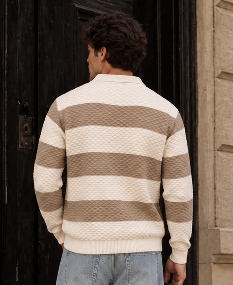 Beige Structured Knit Stripe T-Shirt 100% Cotton