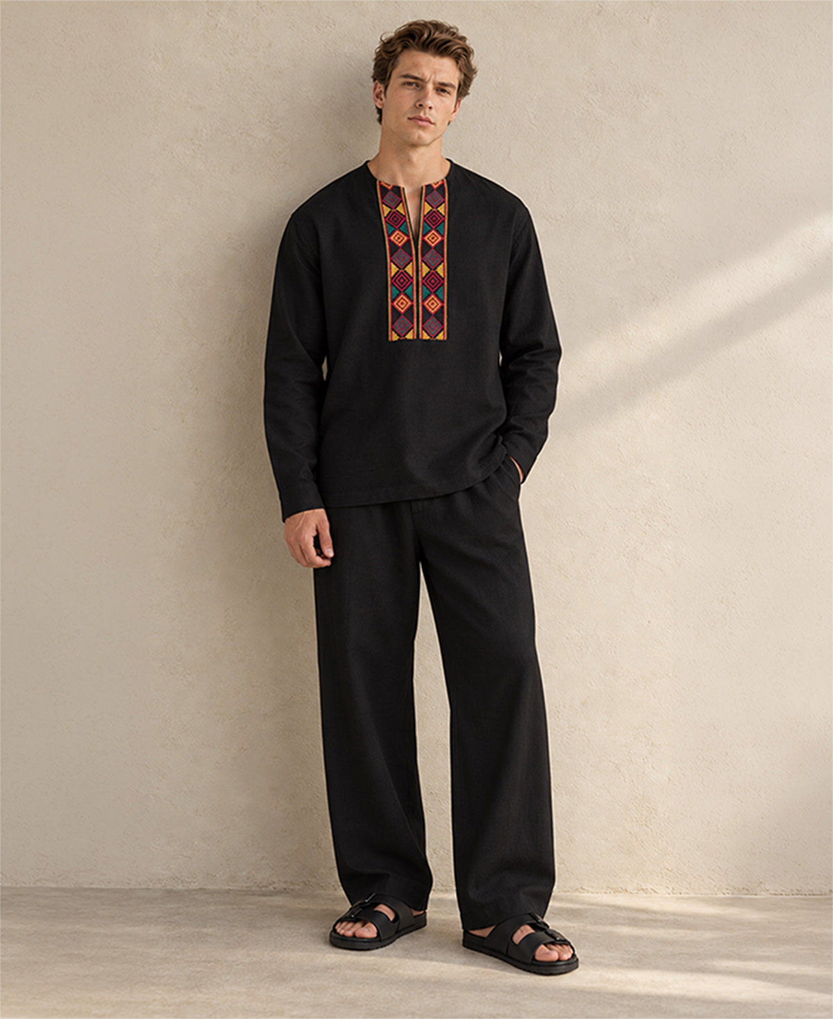 Black Contrast Embroidered Kurta Shirt