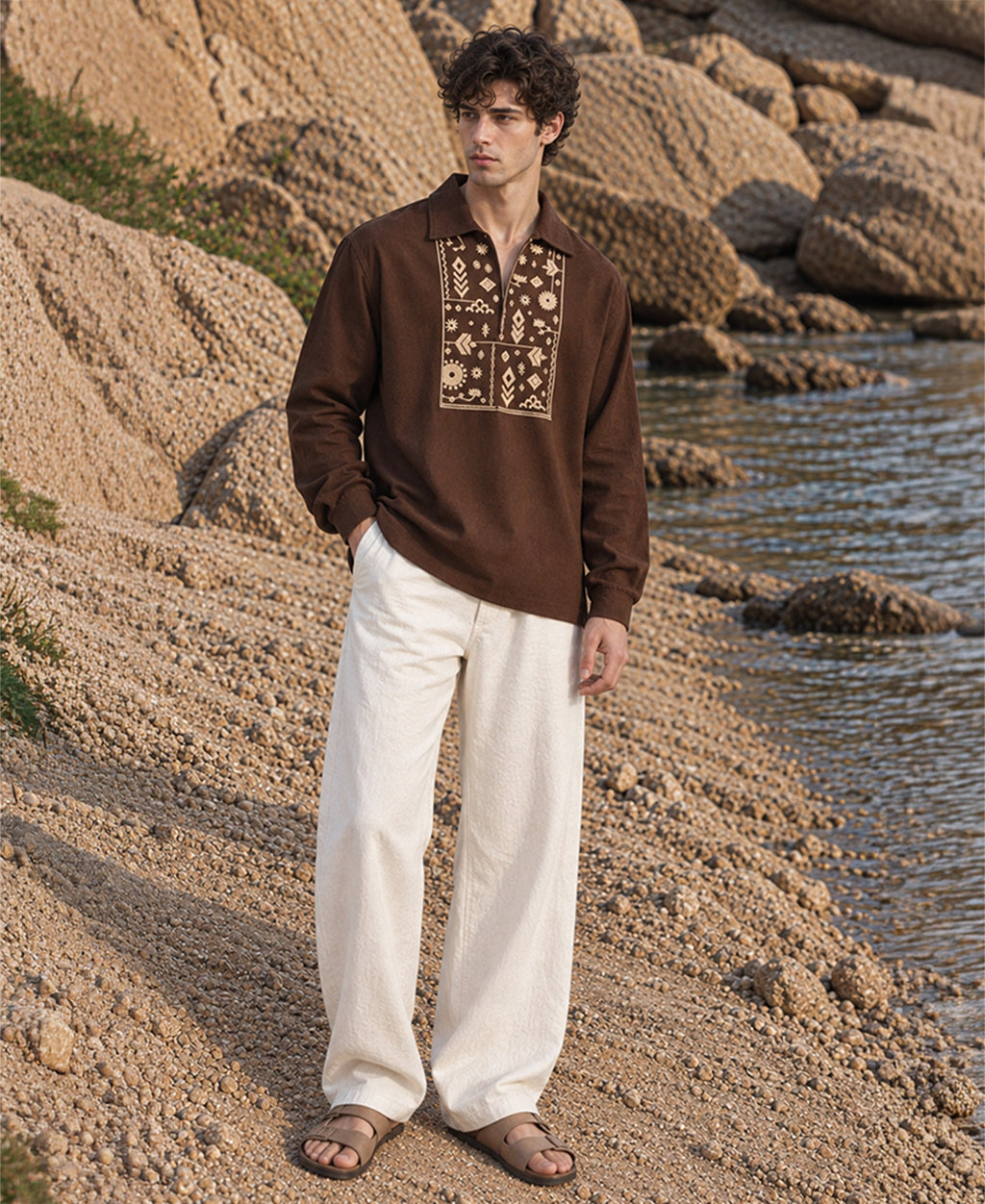 Brown Embroidered Linen Blend Kurta Shirt