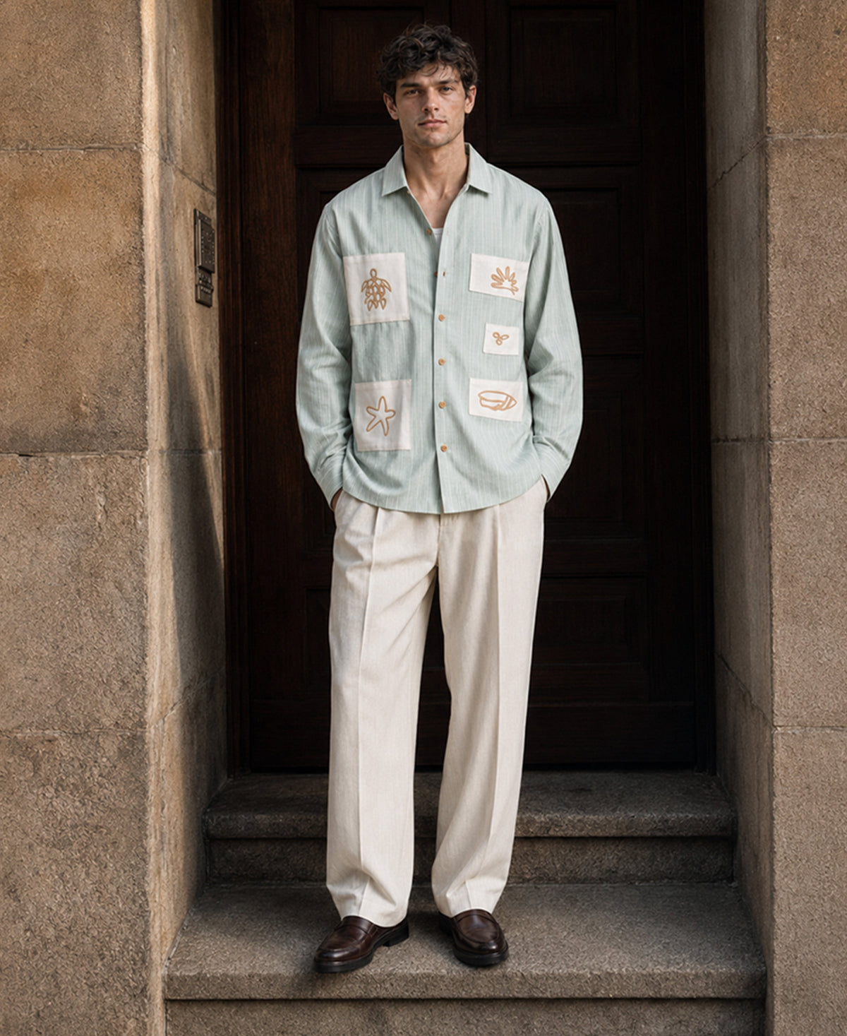Sage Embroidered Stripe Shirt 100% Cotton