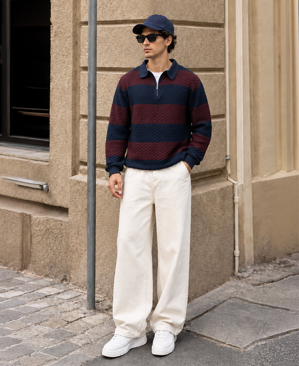 Wine & Navy Knitted Stripe T-Shirt 100% Cotton