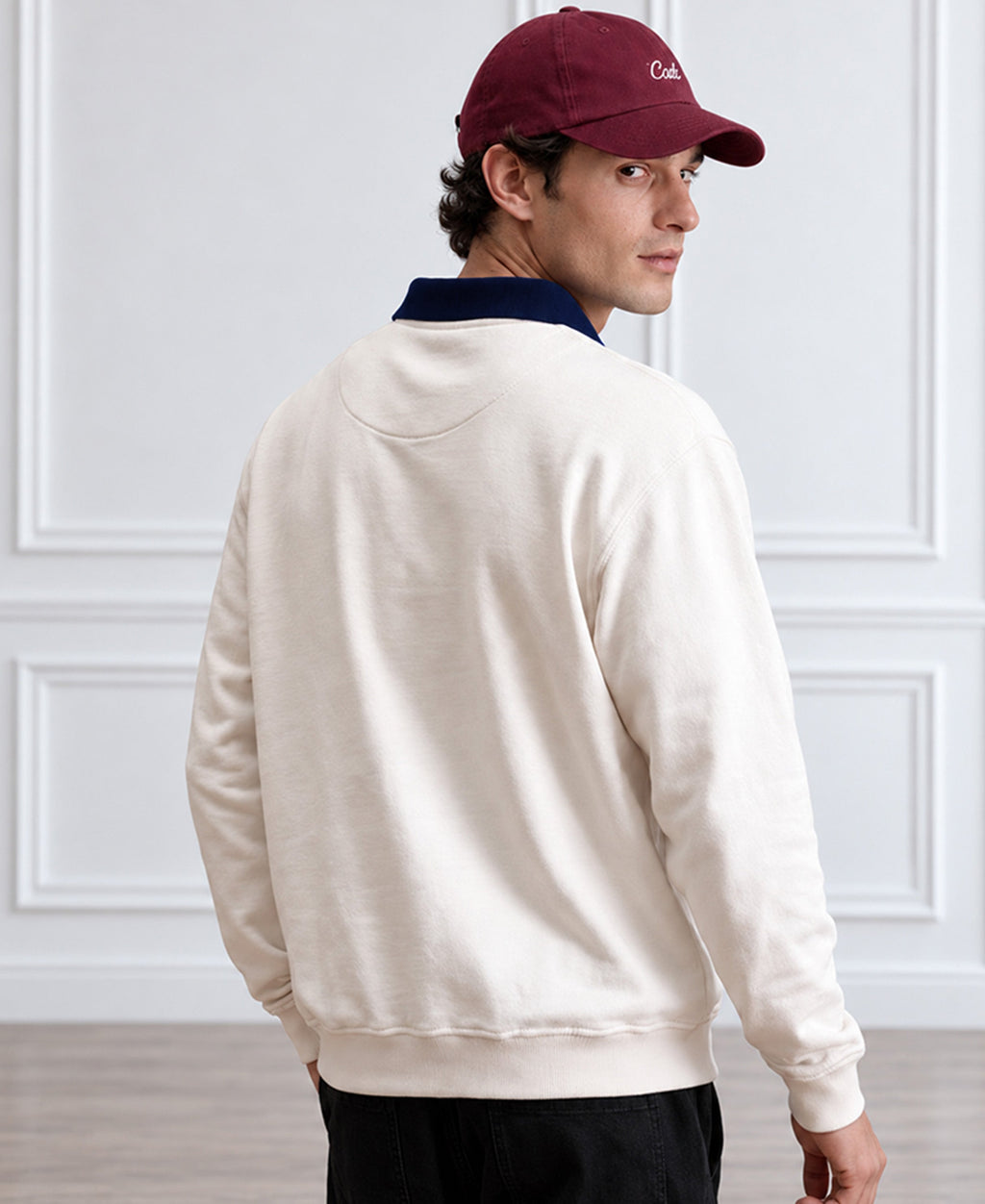 White Contrast Collar Embroidered T-Shirt 100% Cotton