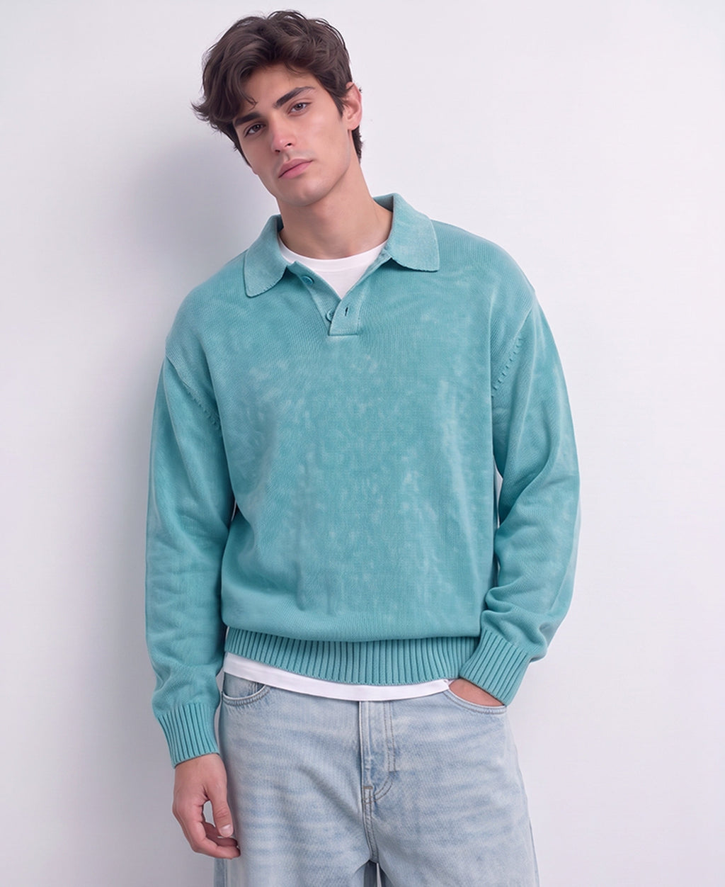 Blue Structured Polo Sweater