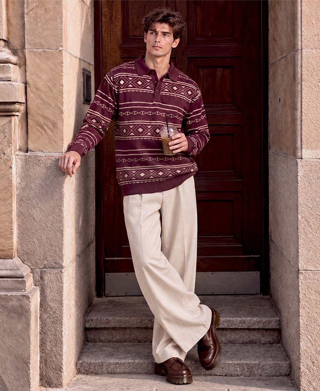 Wine Geometric Jacquard Cotton T-Shirt