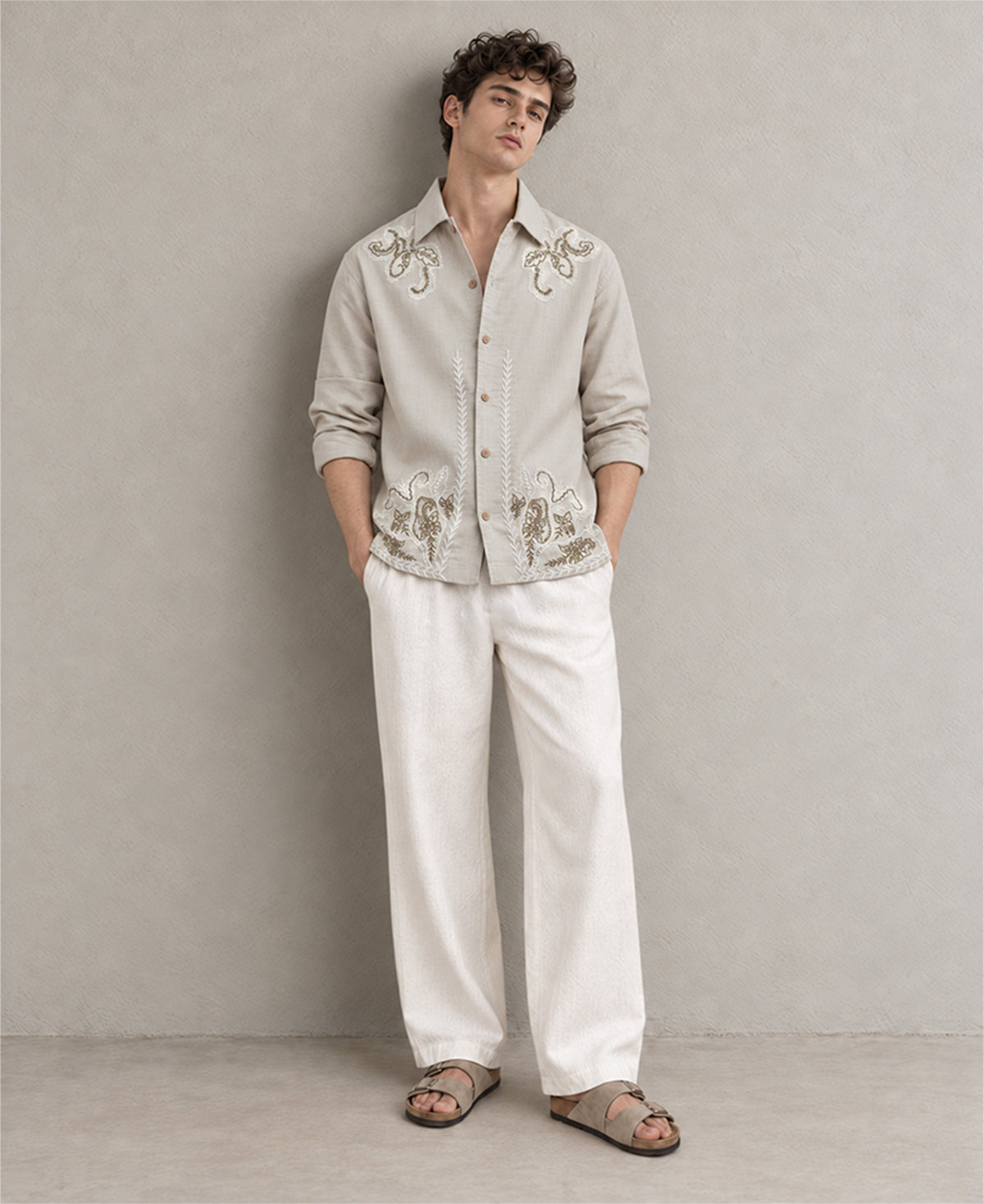 Beige Floral Embroidery Shirt 100% Cotton