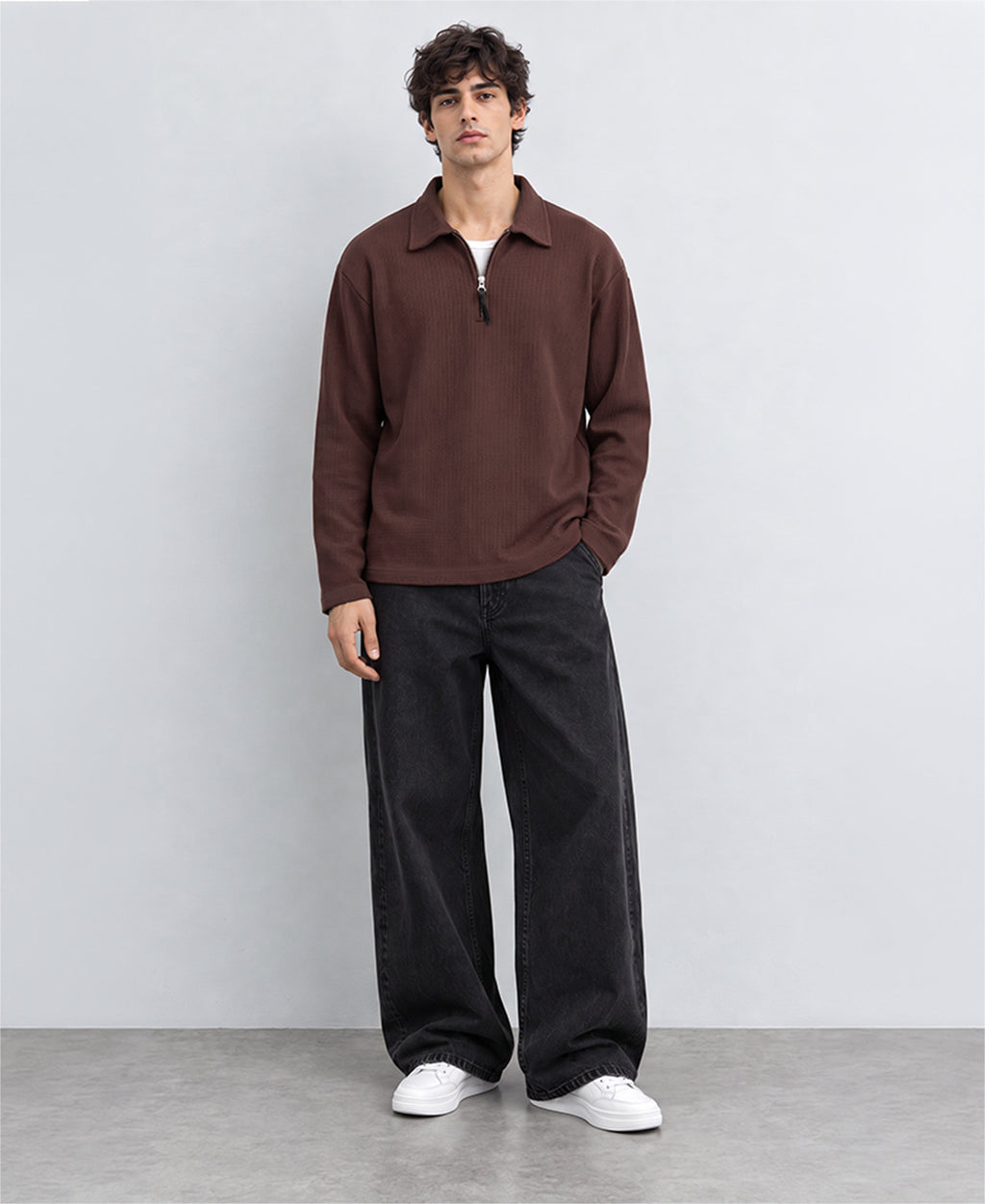 Coffee Brown Structured Zipper T-Shirt