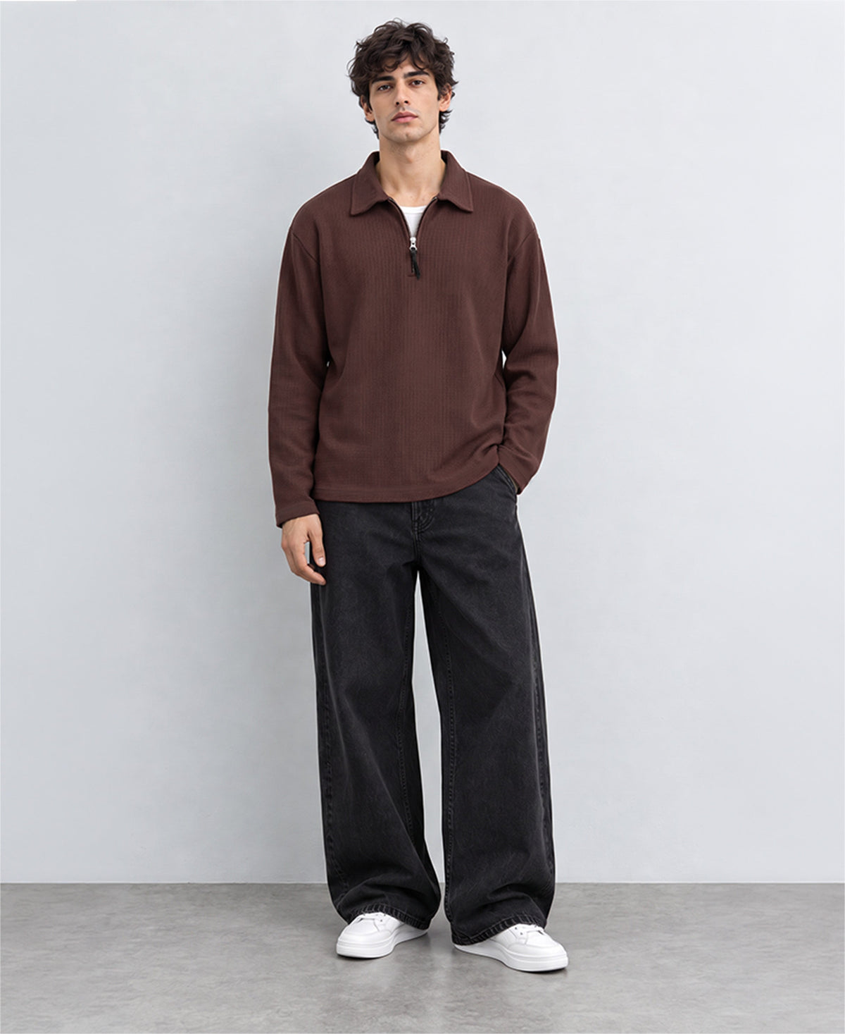 Coffee Brown Structured Zipper T-Shirt