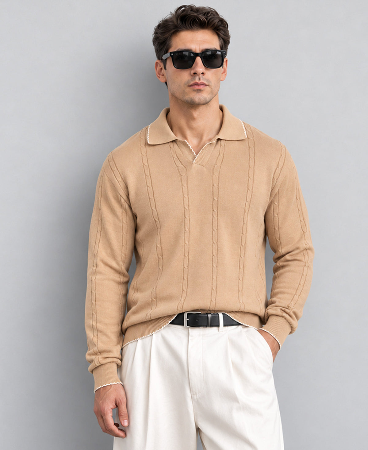 Beige Cable Knit T-Shirt 100% Cotton
