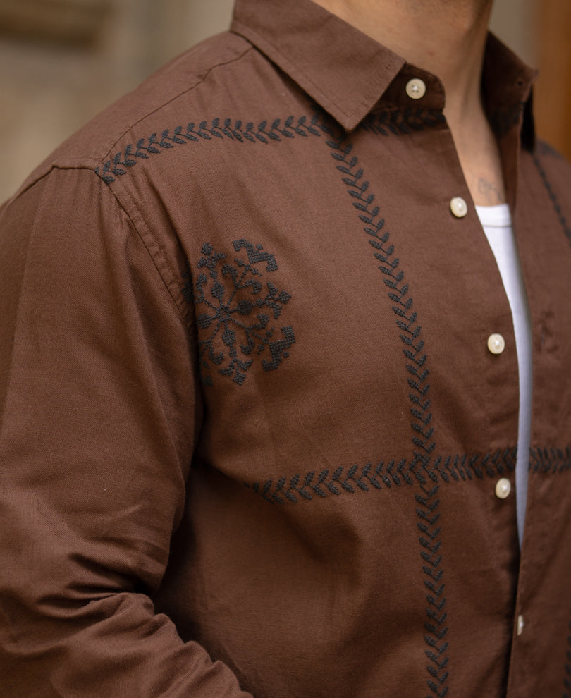 Brown Embroidered Shirt 100% Cotton
