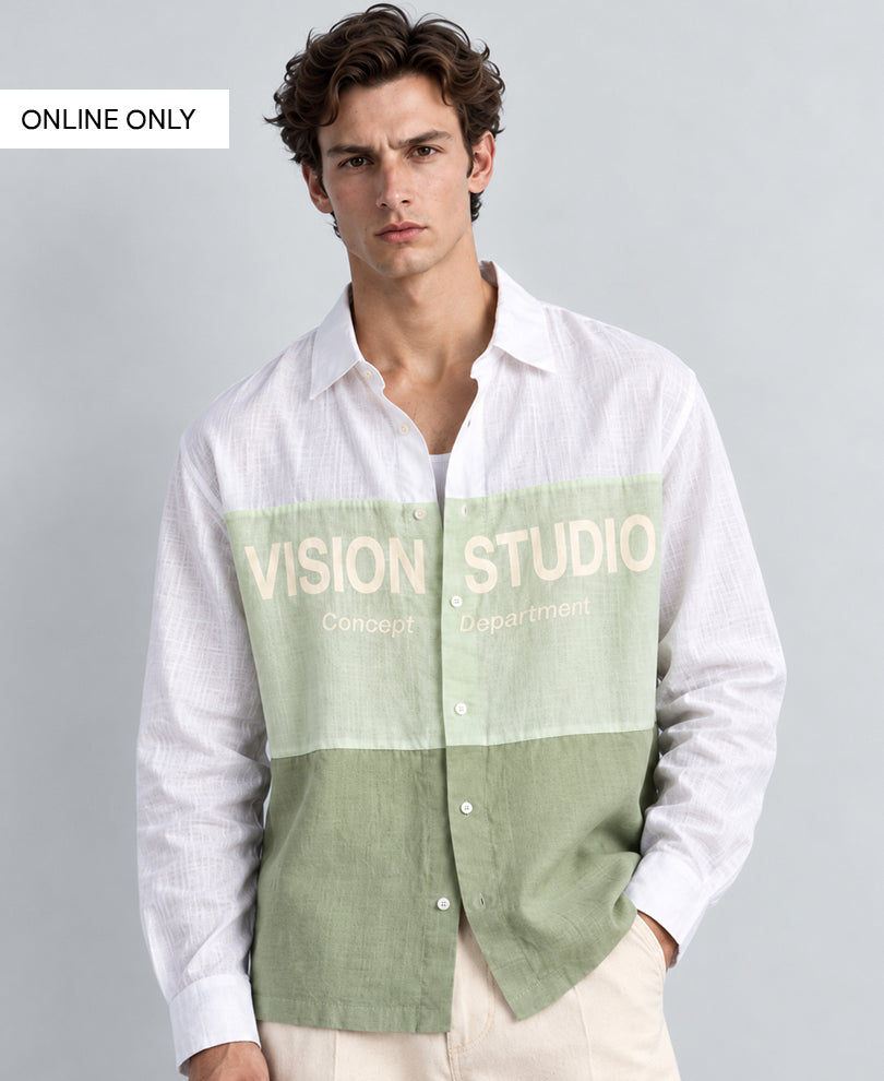Green Colourblocked Printed Shirt