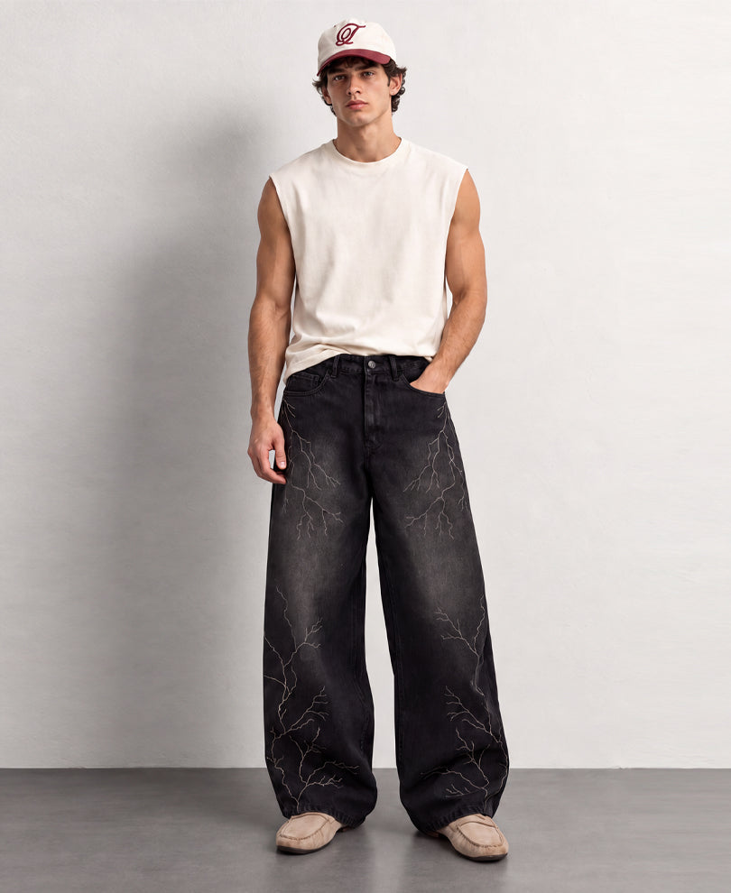 Black Thunder Print Baggy Jeans
