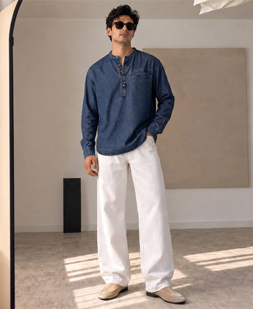 Blue Washed Denim Kurta Shirt