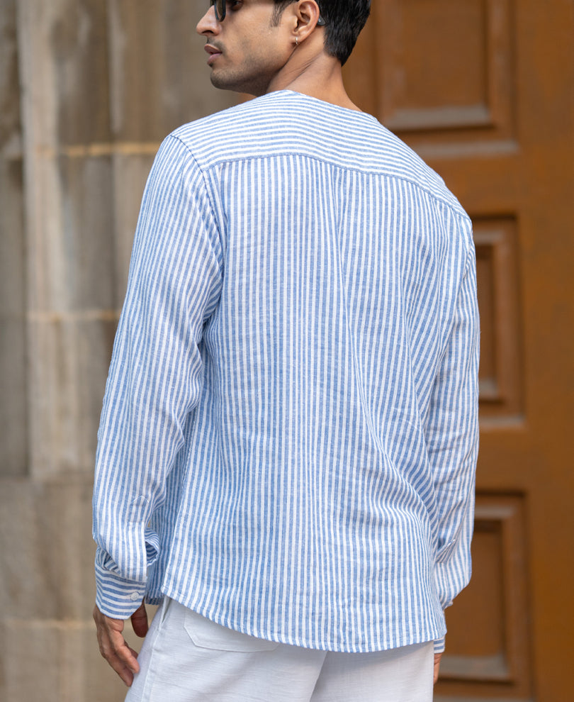 Blue Striped Linen Blend Kurta Shirt