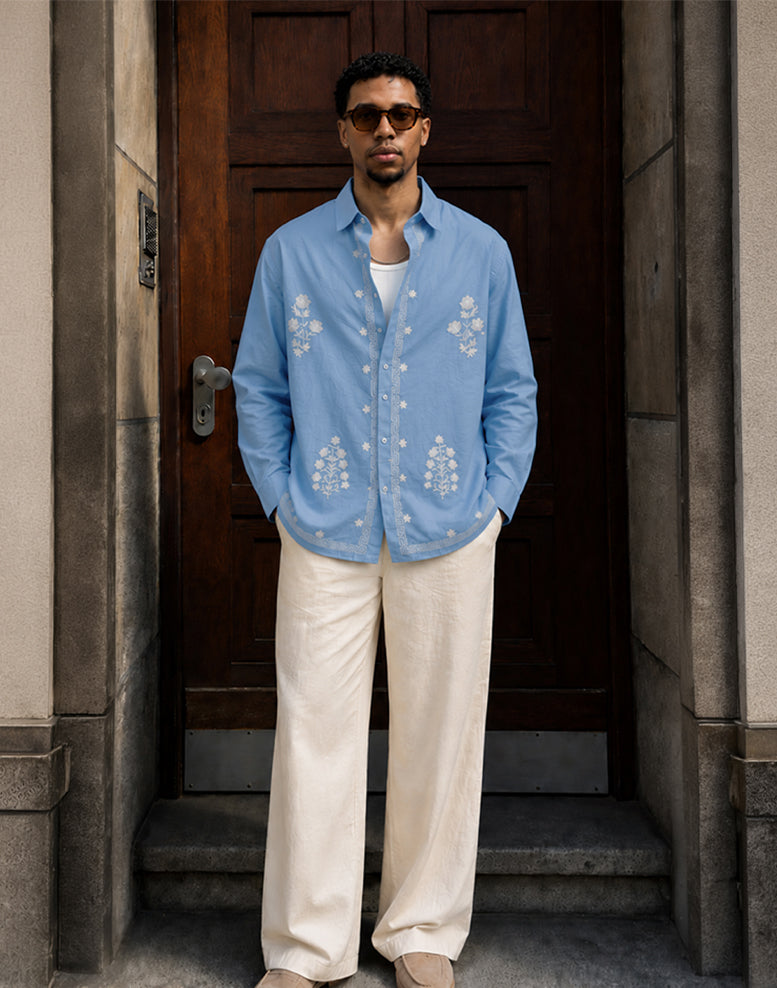 Sky Blue Floral Embroidery Shirt