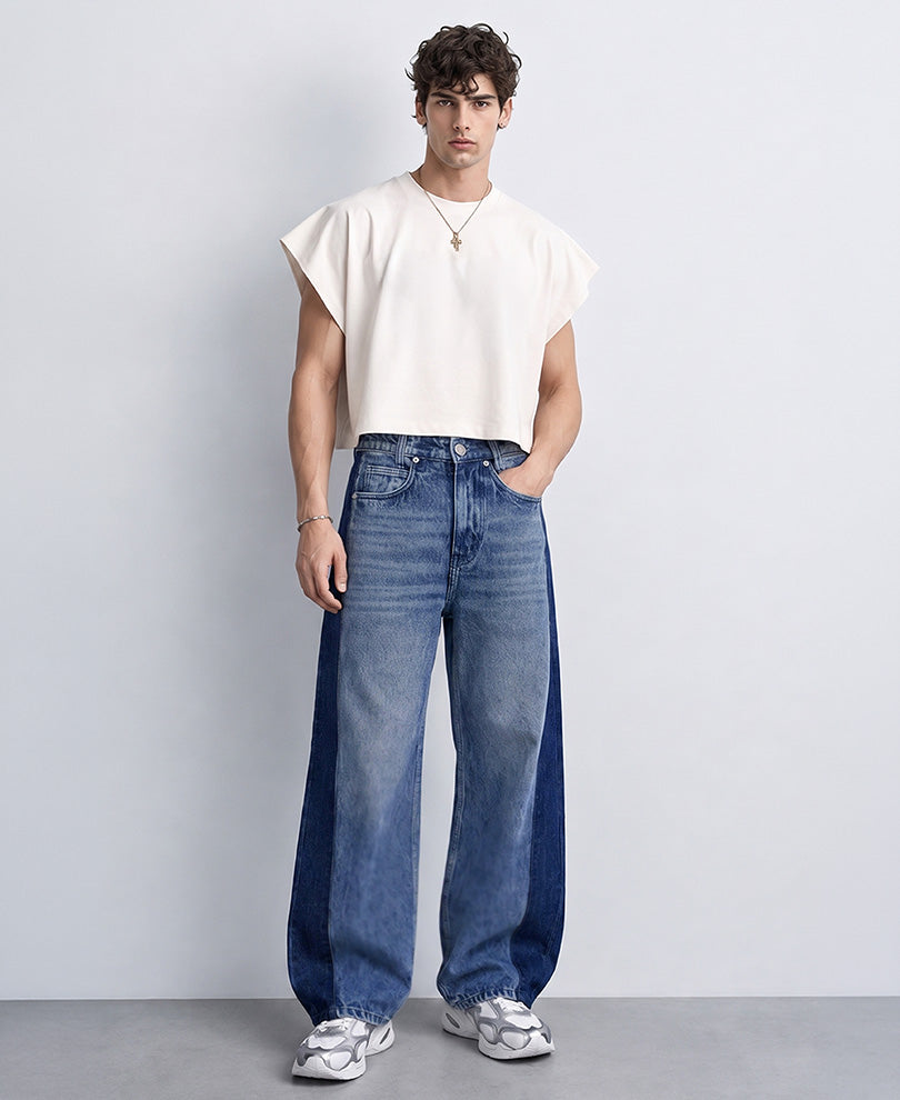 Dark Blue Panelled Baggy Jeans