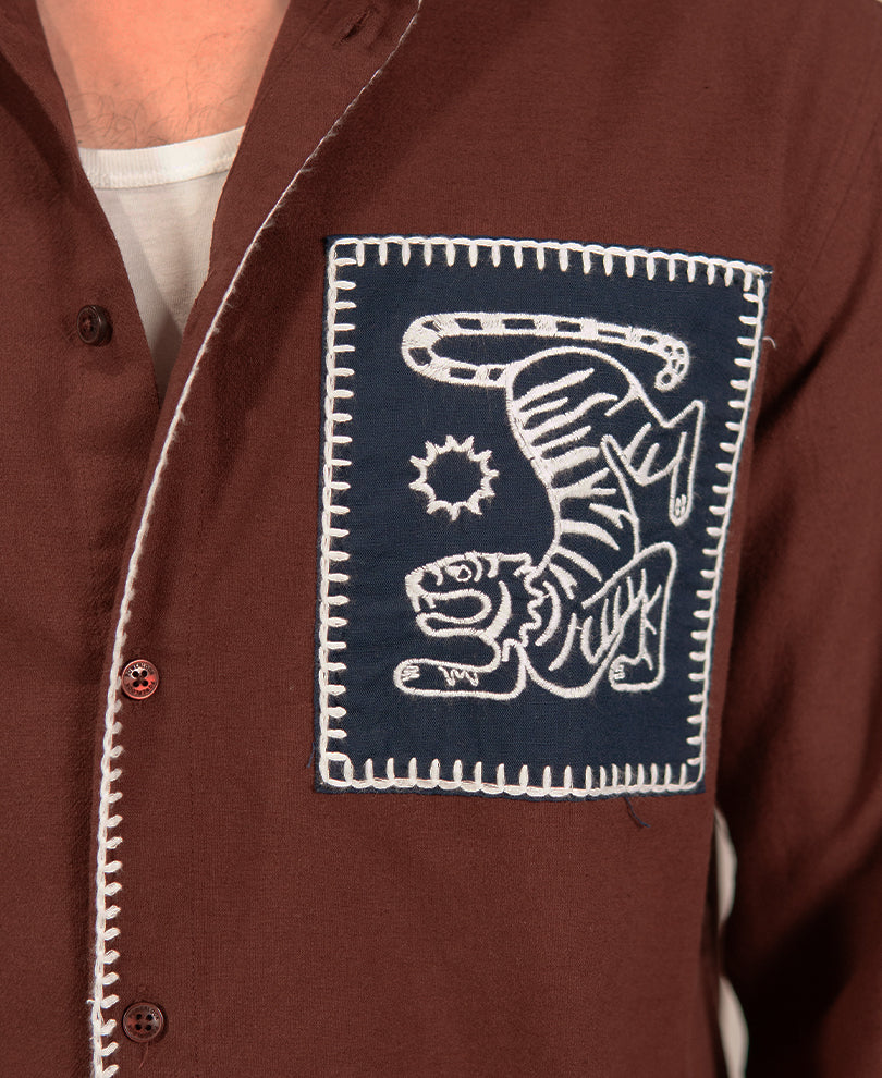 Brown Embroidered Patch Linen Blend Shirt
