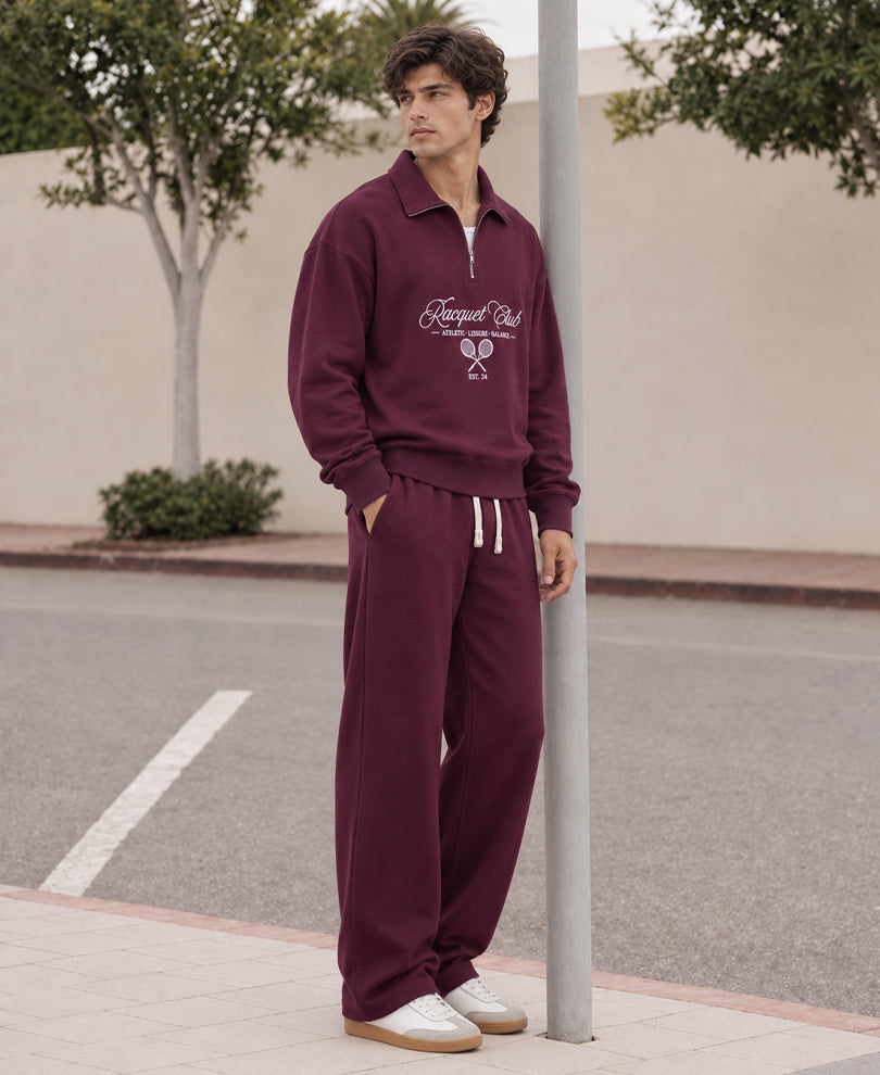 Wine Embroidered Zipper Sweatshirt
