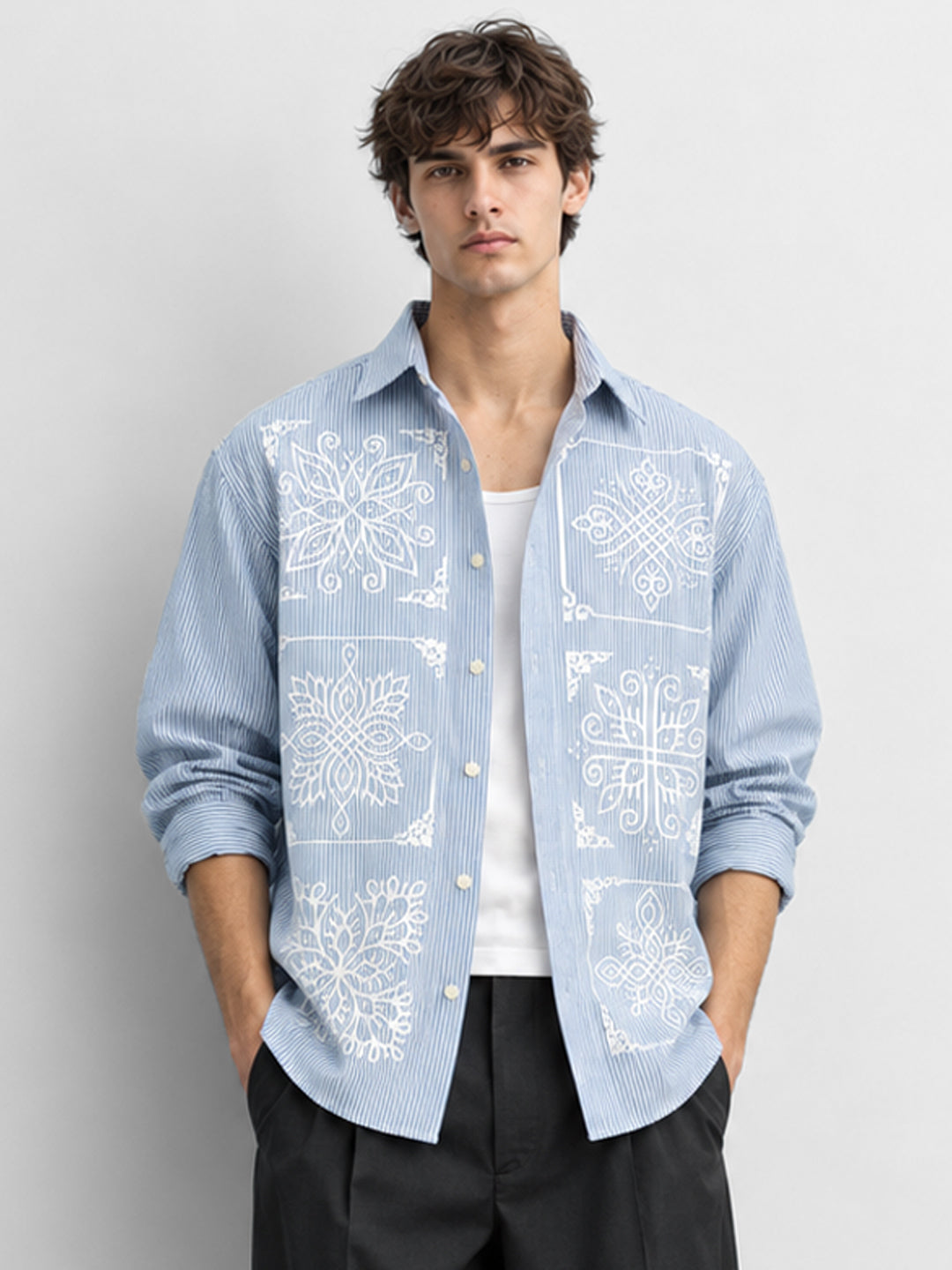 Blue Kolam Print Stripe Shirt