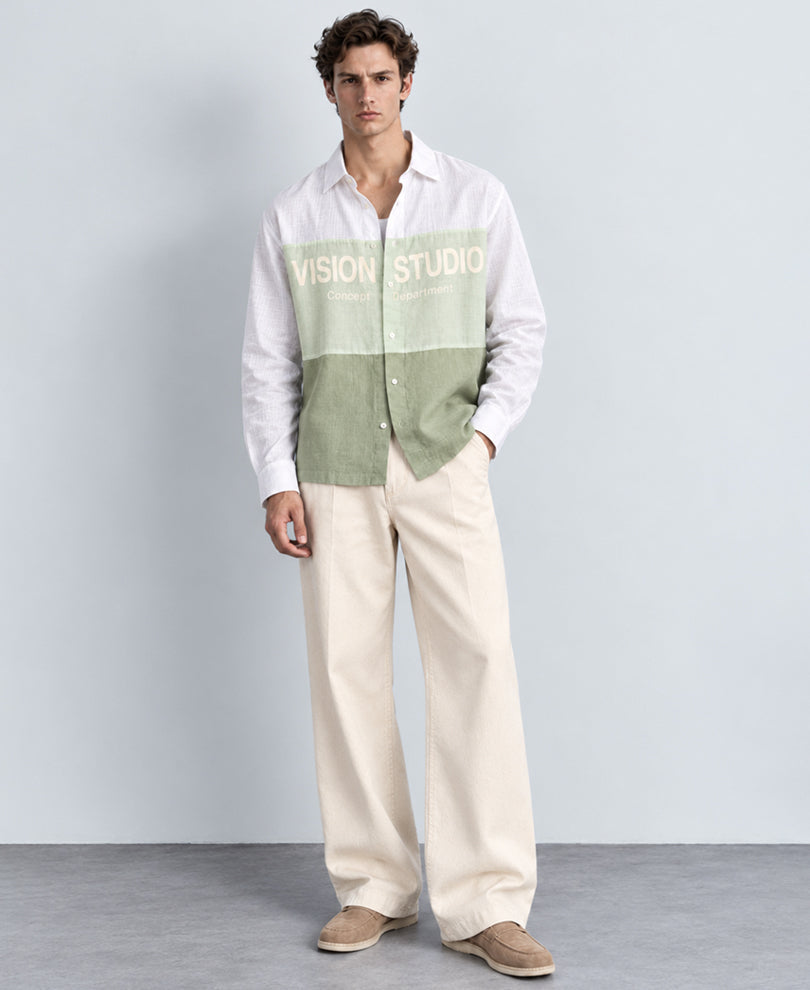 Green Colourblocked Printed Shirt
