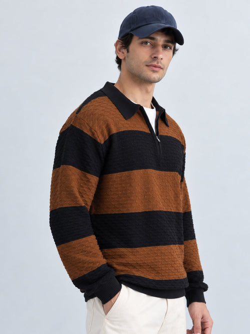 Black & Brown Knitted Stripe T-Shirt 100% Cotton