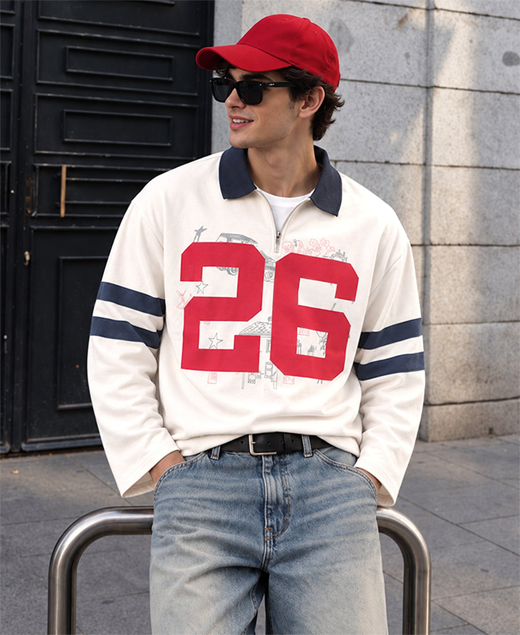 Cream Printed Zipper T-Shirt 100% Cotton