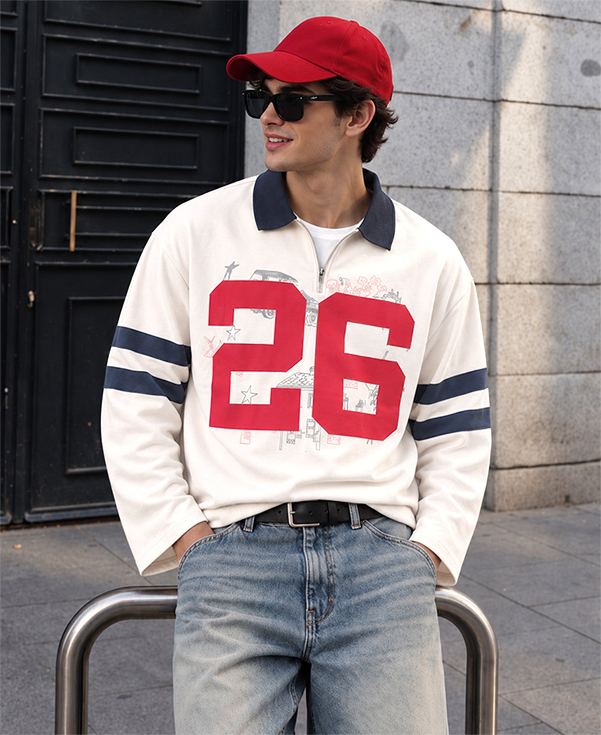 Cream Printed Zipper T-Shirt 100% Cotton