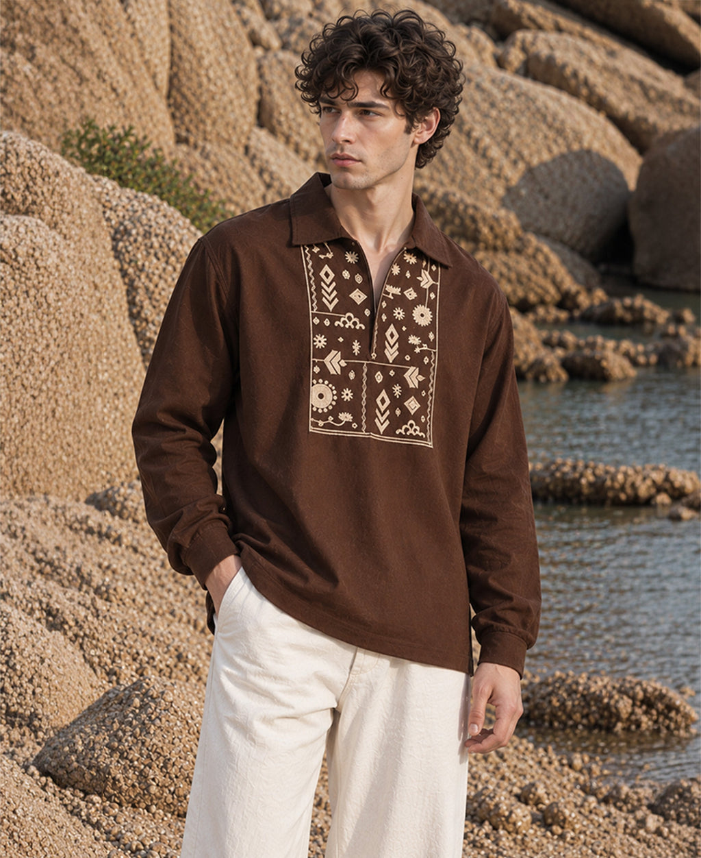 Brown Embroidered Linen Blend Kurta Shirt