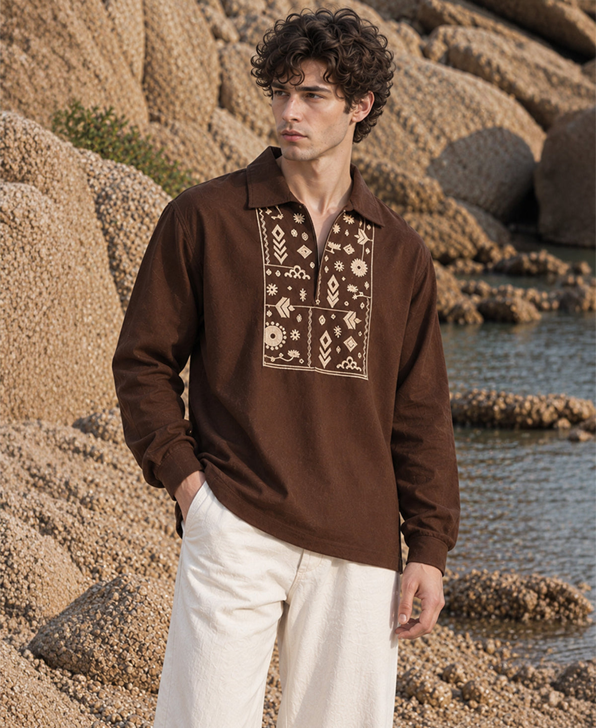 Brown Embroidered Linen Blend Kurta Shirt