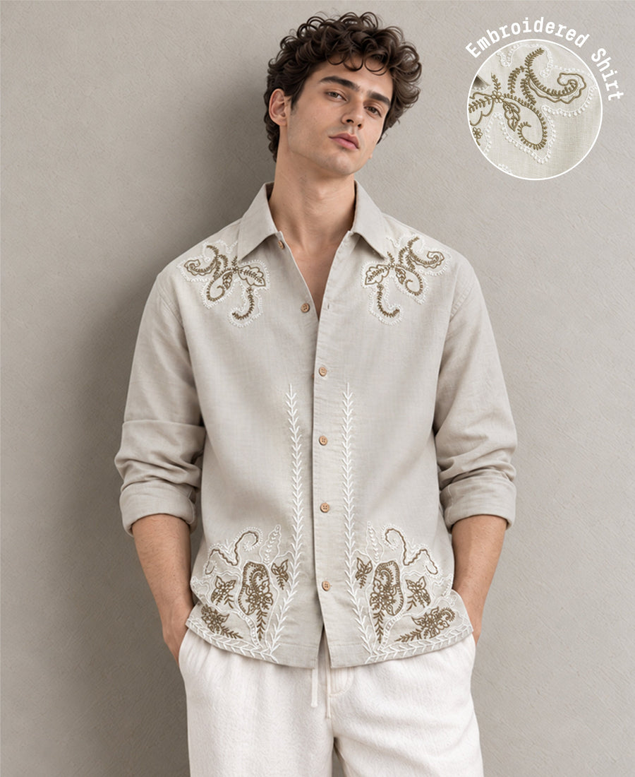 Beige Floral Embroidery Shirt 100% Cotton