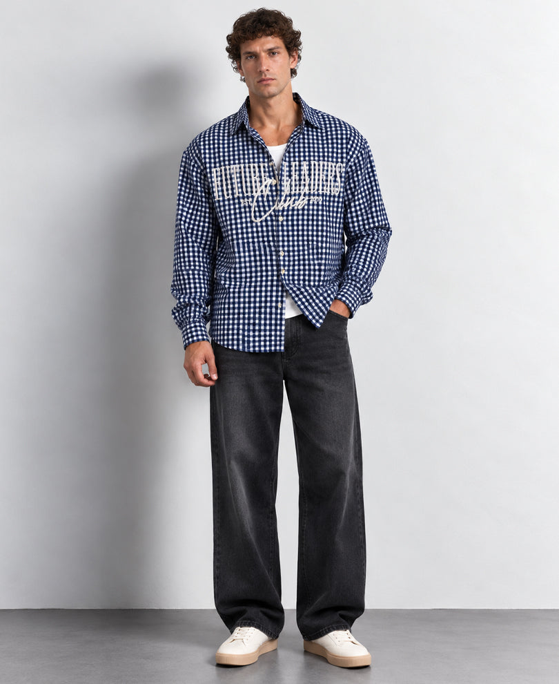 Blue Embroidered Micro Checks Shirt