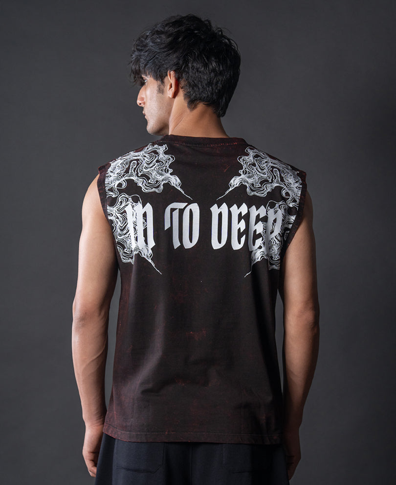 Washed Brown Printed Drop Shoulder Sando 100% Cotton