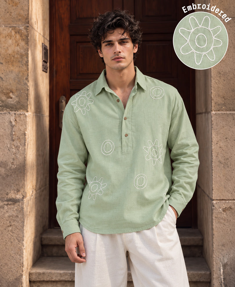 Sage Embroidered Linen Blend Shirt