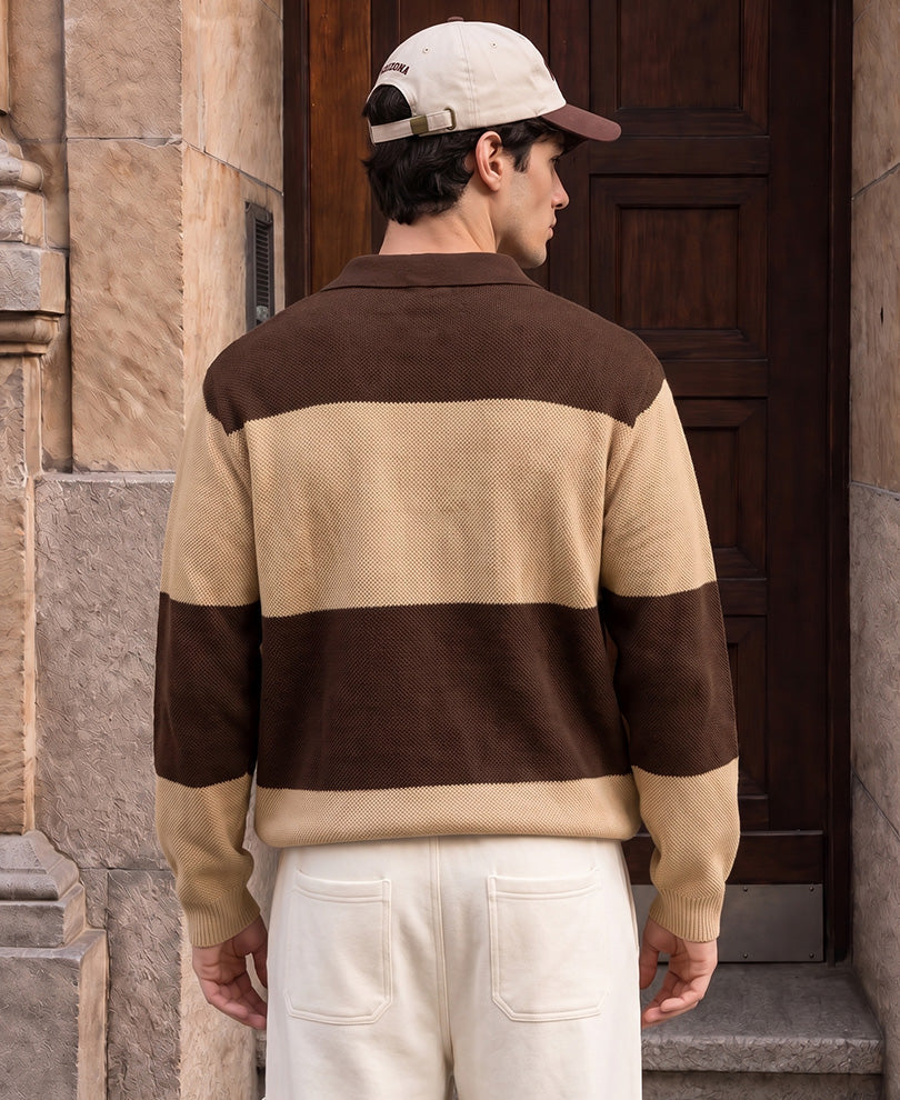 Brown & Beige Striped Knit T-Shirt
