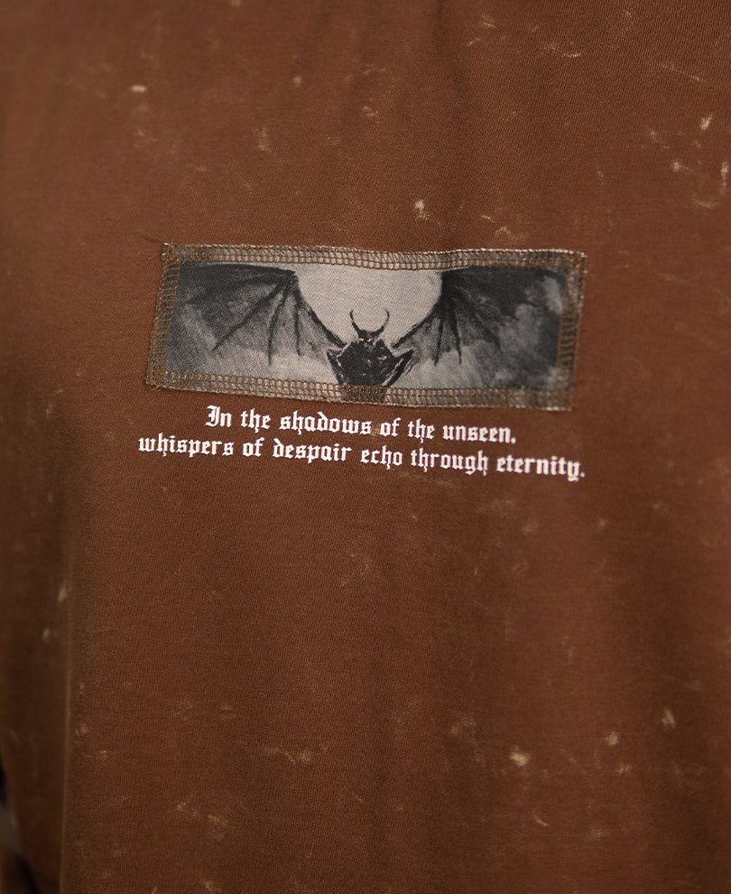 Brown Gothic Print Washed T-Shirt 100% Cotton