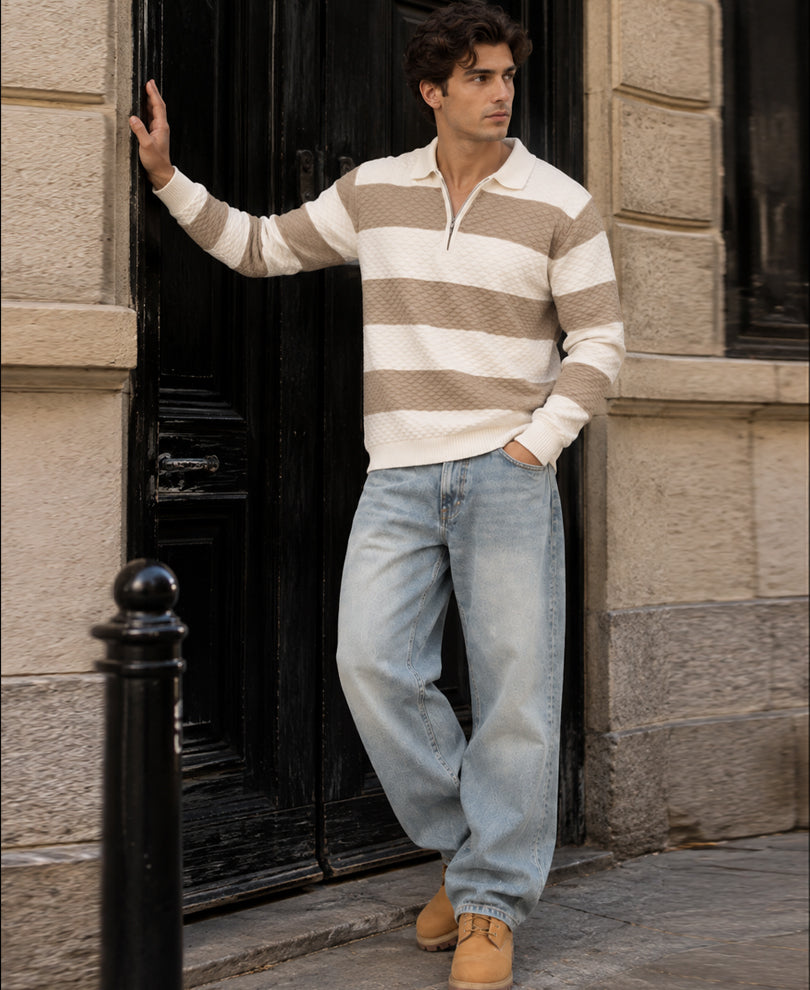 Beige Structured Knit Stripe T-Shirt 100% Cotton