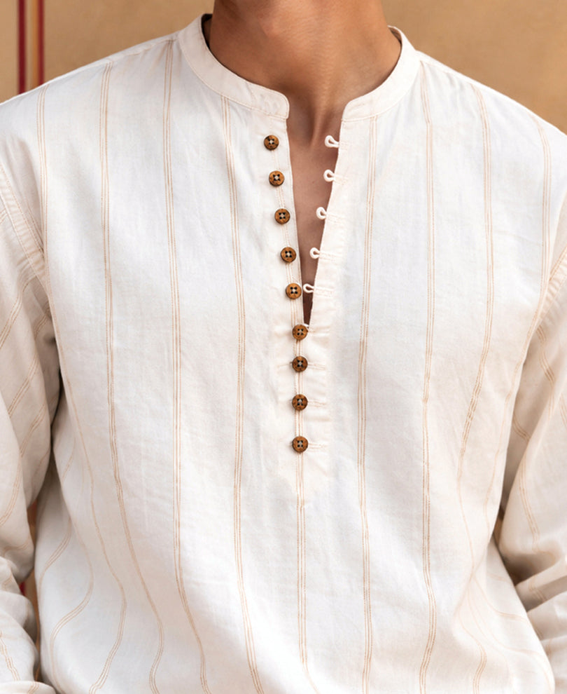 Off White Striped Kurta Shirt