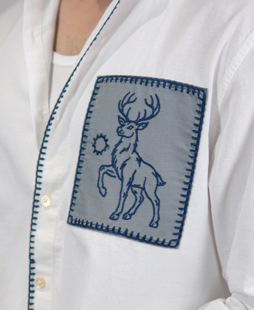 White Embroidered Patch Linen Blend Shirt