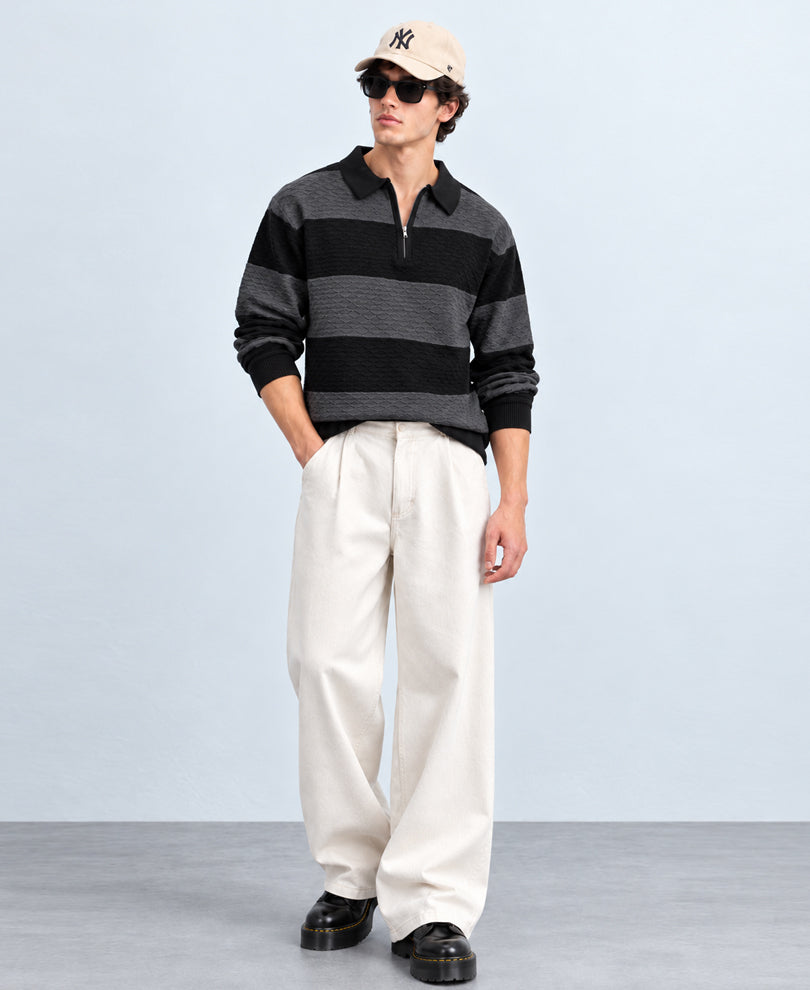 Grey & Black Knitted Stripe T-Shirt 100% Cotton