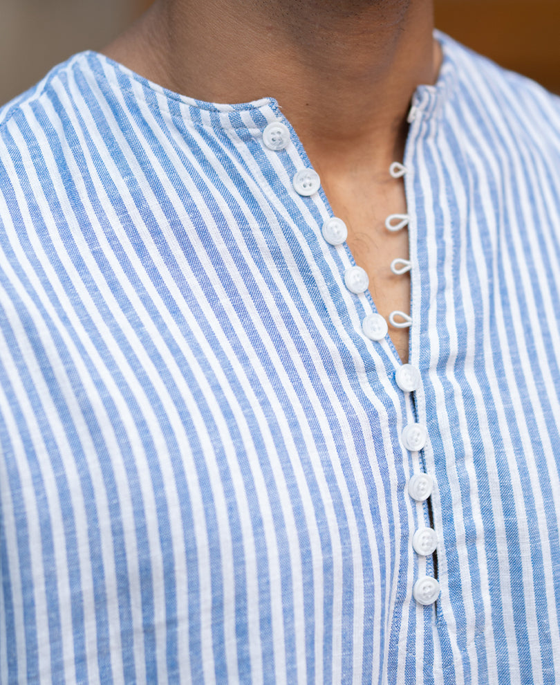 Blue Striped Linen Blend Kurta Shirt