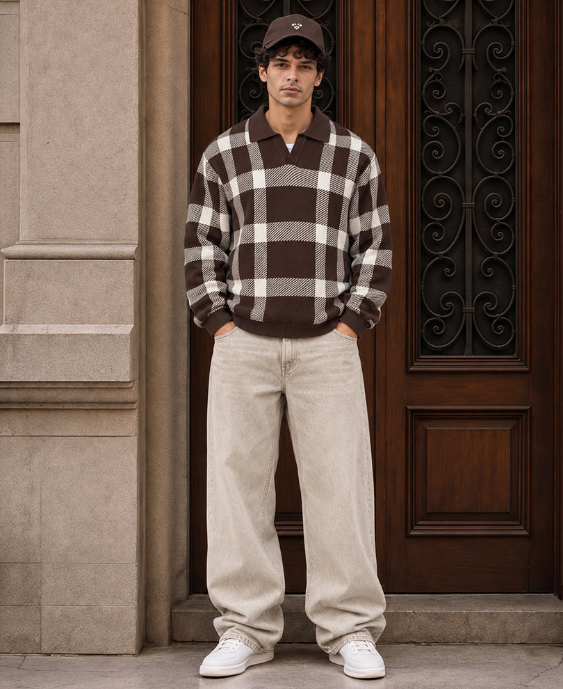Brown Checks Knitted T-Shirt