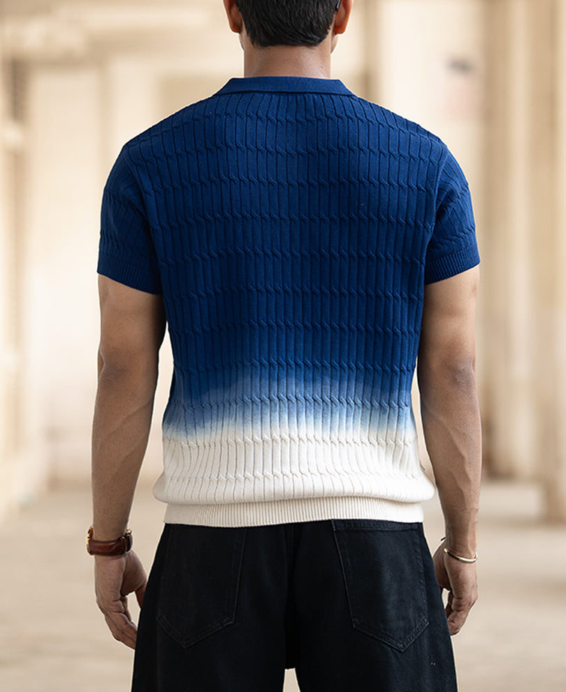 Blue Ombre Knit Polo T-Shirt 100% Cotton