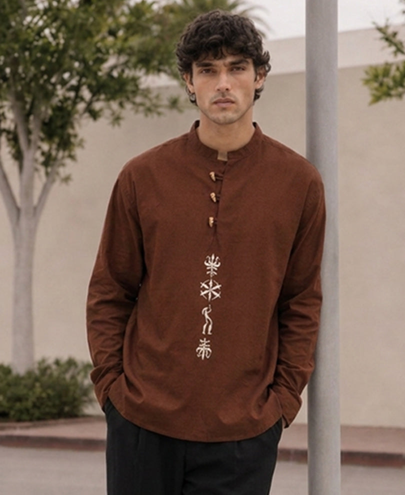Brown Linen Blend Embroidered Kurta Shirt