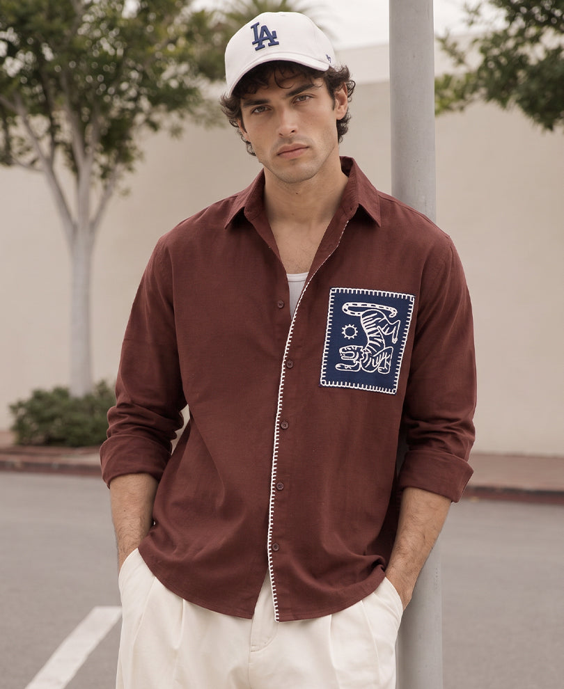 Brown Embroidered Patch Linen Blend Shirt